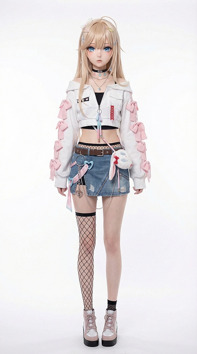 将图中人物更换随机站姿动作，人物身材苗条瓜子脸蓝色瞳孔，身高170厘米体重50公斤，气质偏感性，改为真人风格，正面正脸视角，白背景