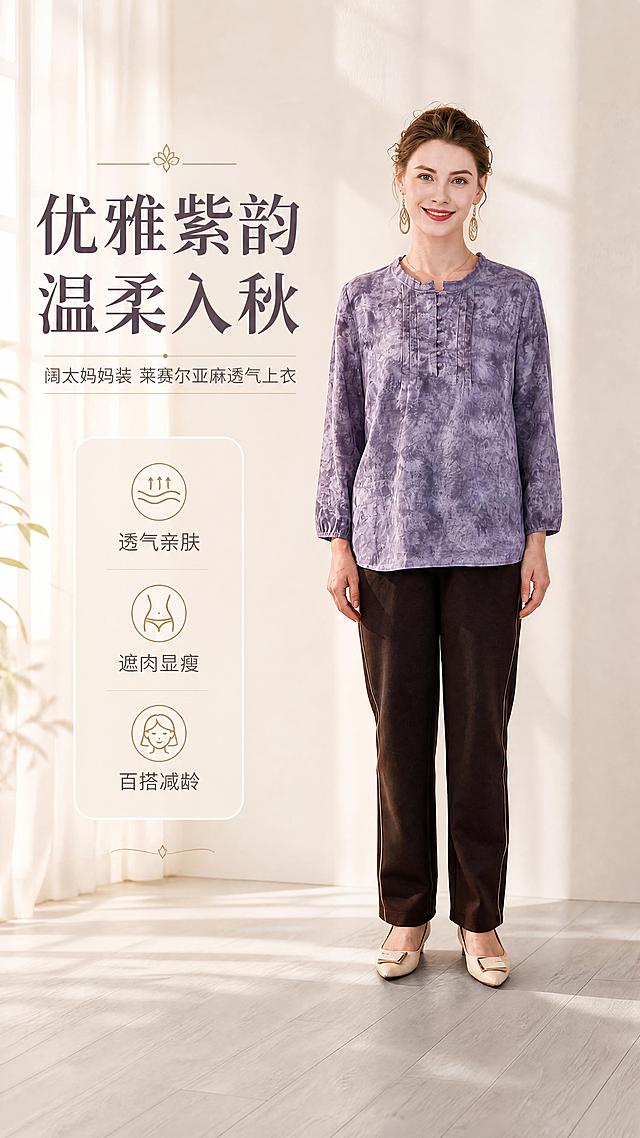 [商品] 使用【图4】模特正面全身图、【图7】上衣细节图；商品处理：保留浅紫扎染木耳立领长袖上衣的全部结构——木耳花边小立领、门襟珍珠扣、胸前竖向打褶、九分灯笼袖、宽松H型版型、浅紫扎染花纹、莱赛尔亚麻面料质感；自然理顺衣身褶皱，增强面料纹理、缝线和珍珠扣光泽，保留模特发型、深棕长裤和米白低跟鞋，不改变版型和颜色。
[画面] 目标：风格头图海报，营造优雅知性的妈妈装氛围。构图：竖版9:16，模特居中偏右，占画面65%，正面站立微笑看向镜头，姿态端庄自然；左侧留白放置标题文案；前景浅灰木地板、中景模特、后景暖白墙面+柔白纱帘，阳光从左侧洒入形成柔和光影。
[视觉] 套系策略：风格=优雅知性轻熟妈妈风商业摄影；标题字=衬线粗体（宋体风格）；正文字=简洁无衬线体；主色=浅紫灰+暖米白；背景延展=基于暖米白做深浅层级、同色渐变和细腻墙面/纱帘质感；强调色=金棕色，仅用于小面积图标、引线、标签和品牌点缀；标题色=深紫灰；正文色=中暖灰；组件=圆角浅底信息卡、细线引线、优雅装饰线；光影=左前侧暖柔光，柔和自然。
[文字] 左侧上方主标题"优雅紫韵 温柔入秋"，副标题"阔太妈妈装 莱赛尔亚麻透气上衣"，下方3个短卖点：「透气亲肤」「遮肉显瘦」「百搭减龄」；文字横向排版，层级清晰，不遮挡模特脸部和上衣主体。
[规格] 图片比例9:16竖版，4K，避免变形、错字、文字过小、冷蓝背景、衣服颜色改变、版型失真、极限词。