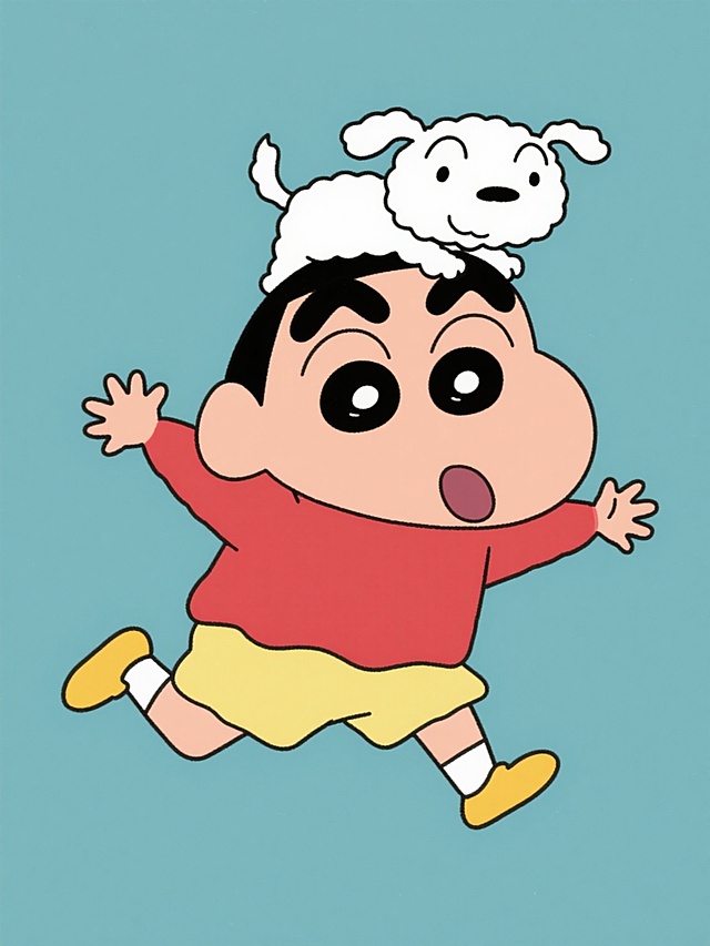 蜡笔小新经典动画造型，圆脸蛋、粗眉毛、大眼睛、张开嘴巴露出舌头的夸张表情，穿着红色上衣和黄色短裤，黄色鞋子，双手张开奔跑的动态姿势，小白狗趴在小新头顶，白色蓬松毛发，黑色小眼睛和微笑嘴巴，整体保持蜡笔小新系列特有的圆润线条、简洁色块和活泼可爱的卡通风格，纯色背景，无任何文字和装饰元素。