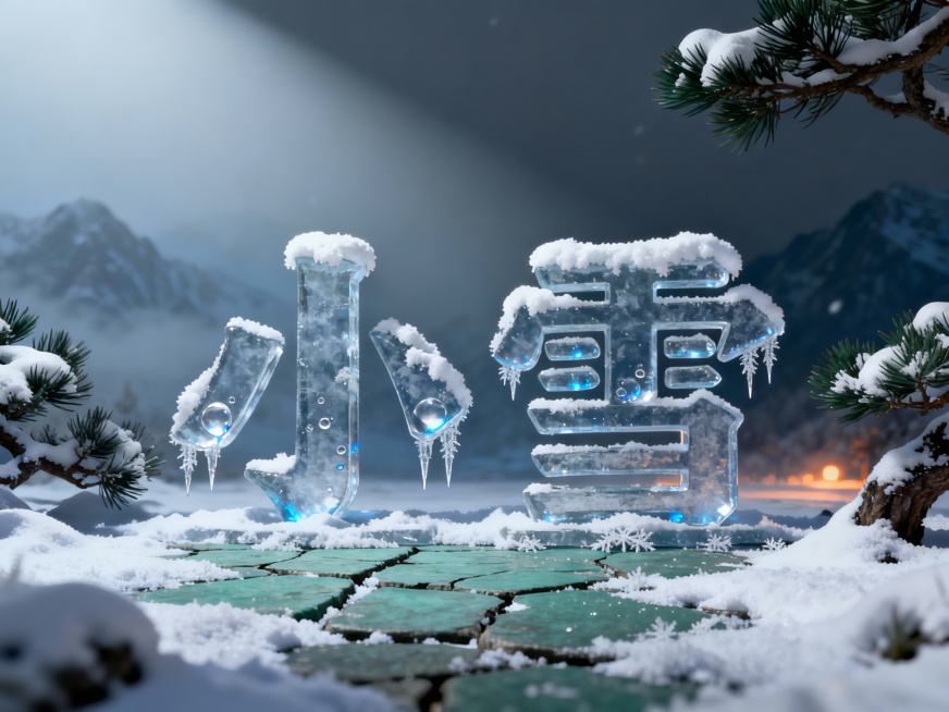 新中式写实风，核心主体为“小雪”二字，厚重磅礴的楷书书法体，笔画粗重转折有力如碑刻拓印质感，字体高度占画面60%居中对称。字体表面覆盖3D立体积雪，顶部积雪蓬松边缘有自然堆积弧度，笔画凹槽处嵌有透明冰预览效果