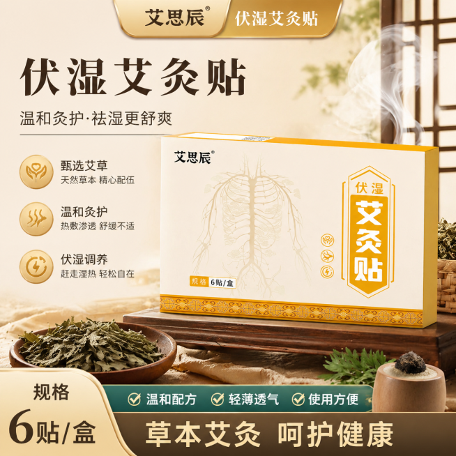 基于原产品图生成一张电商卖货主图，产品是艾思辰伏湿艾灸贴，内容丰富，图片风格高级，具有3D立体感预览效果