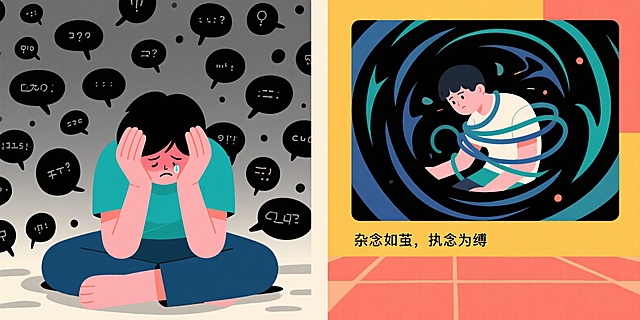 一是一个人不断被脑里的浮现的念头弄得好烦。二是一个人太执着于某些想法，深陷其中不能自拔