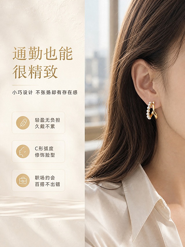 [详情页-2] 925银双层珍珠C形耳钉 佩戴场景展示。
[商品] 使用【图1】【图3】金色925银双层珍珠C形耳钉；保留产品外观结构、金色与珍珠配色；佩戴时保持产品真实比例与形态。
[画面] 页面目标：展示上耳效果与日常通勤穿搭适配；构图为左文右图；右侧是亚洲女性侧脸耳际佩戴特写，主体（耳部+耳钉）占画面55%；女性留浅棕色中长发，穿米白色真丝衬衫；背景是虚化的办公室落地窗与城市景观；左侧留白放文案；景别为近景特写。
[视觉] 套系策略：风格=高级轻奢珠宝商业摄影；标题字=纤细优雅衬线体；正文字=简洁无衬线体；主色=奶油米白；背景延展=基于奶油米白做深浅层级、洞石/岩板/丝绸质感变化；强调色=香槟金，仅用于小面积标题、引线和标签；标题色=香槟金色；正文色=深棕灰色；组件=细线引线、圆角浅底信息卡；光影=窗边自然光，柔和侧光，耳钉金属有自然高光。
[文字] 左侧上方主标题"通勤也能很精致"，副标题"小巧设计 不张扬却有存在感"；下方3个卖点短句："轻盈无负担 久戴不累""C形弧度 修饰脸型""职场约会 百搭不出错"；文字左对齐，层级分明。
[规格] 图片比例3:4竖版，2K分辨率；负向：变形、错字、模糊、杂乱、水印、平台Logo、礼盒包装、面部扭曲、畸形耳朵、绝对化用语。