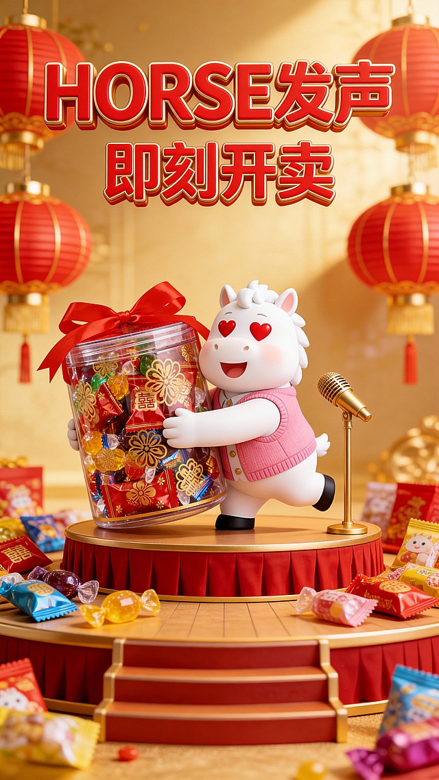 软3D风格的拟人小马，身着国潮风服饰，手持糖果桶站在舞台中央，搭配红金配色与灯笼背景，营造喜庆卡通氛围，传递节日欢乐与可爱感。