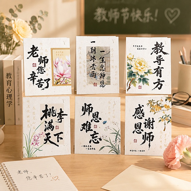 主图5：场景展示，教师节贺卡放在桌面，搭配简约教师节氛围，保留6张贺卡正面图案细节，体现产品整体，适合电商平台展示，非白底背景