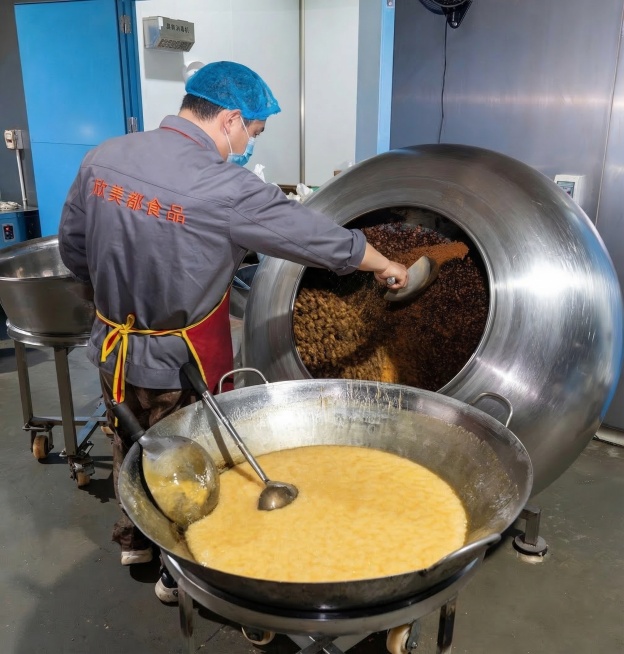 给图中加工食品的工人添加佩戴一个医用口罩，同时整理清洁图片的生产环境，让整个车间环境变得干净整洁，保持原有构图和内容不变预览效果