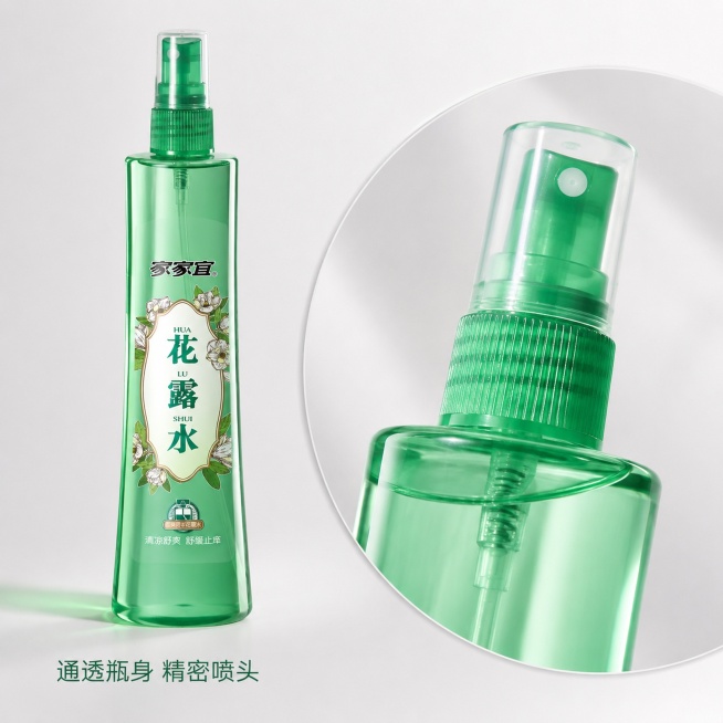 [主图-3] 花露水透明瓶身材质细节展示图。
[氛围风格] 极致细节 品质呈现
[画质] 商业摄影质感、光线柔和通透、产品清晰真实、画面干净高级
[元素] 侧逆光拍摄花露水瓶身中部，放大展示透明瓶身和预览效果