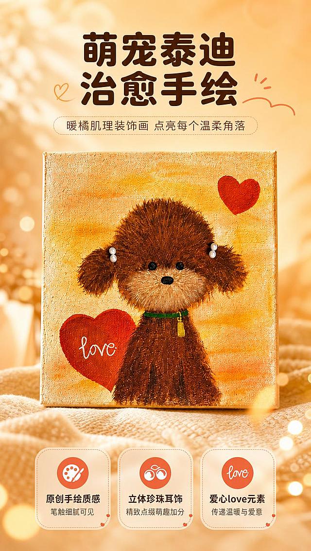[商品] 使用【图1】萌系泰迪小狗手绘肌理装饰画；保留棕色泰迪形象、蓬松毛发质感、双耳白色珍珠装饰、绿色项圈金色吊牌、暖橘渐变背景、红色爱心与白色love手写字体；商品处理：保留手绘笔触与画布肌理质感，增强色彩饱和度与画面清晰度，不改变形象结构与元素位置。
[画面] 目标为氛围头图，突出产品整体颜值与治愈感，居中构图，装饰画主体占画面65%，背景为暖橘色渐变柔焦空间，前景有柔和光斑与浅米色织物点缀，前中后景三层视觉层次，阅读动线从上到下。
[视觉] 套系策略：风格=暖橘治愈系手绘肌理风商业摄影；标题字=圆润粗黑体；正文字=圆角无衬线体；主色=暖橘杏色；背景延展=基于暖橘杏色做深浅渐变、同色晕染和细腻画布/纸张质感；强调色=砖红色，仅用于小面积图标、引线和标签；标题色=深棕褐色；正文色=暖棕灰色；组件=圆角浅底信息卡、圆点引线、软萌曲线装饰；光影=左前侧暖柔光，柔和漫反射。
[文字] 上方主标题「萌宠泰迪 治愈手绘」，副标题「暖橘肌理装饰画 点亮每个温柔角落」，下方3个短卖点：原创手绘质感、立体珍珠耳饰、爱心love元素，文字区位于画面上下留白处，不遮挡小狗主体与爱心图案。
[规格] 图片比例9:16竖版，4K分辨率，避免变形、错字、文字过小、冷蓝/蓝灰背景、颜色改变、形象失真。