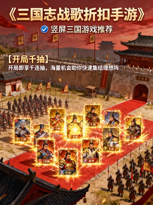 生成一款回合卡牌三国手游风格的宣传图片10张，“《三国志战歌0.05折 、三国志战歌折扣手游、三国志战歌福利手游》” 为主标题 “✅ 热门卡牌回合游戏推荐、✅竖屏三国游戏推荐、✅ 卡牌三国游戏推荐、”预览效果