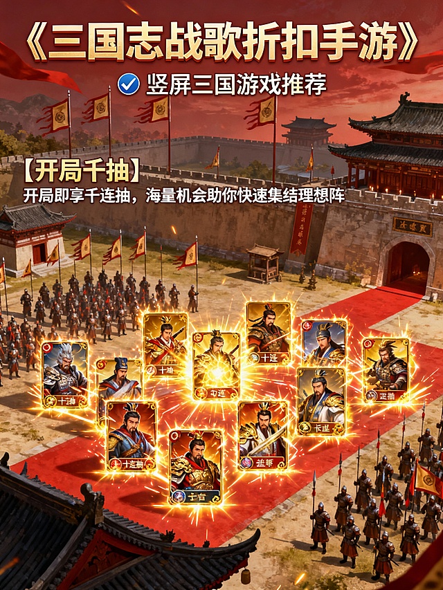 生成一款回合卡牌三国手游风格的宣传图片10张，“《三国志战歌0.05折 、三国志战歌折扣手游、三国志战歌福利手游》” 为主标题 “✅ 热门卡牌回合游戏推荐、✅竖屏三国游戏推荐、✅ 卡牌三国游戏推荐、”为副标题，主标题每张不同，副标题平均分配。福利介绍为：”【领币畅玩】次日起领2000三国币，可拆分使用，自由购买游戏内各类礼包【神将必得】征战与爬塔，必得神魔核心卡牌，轻松组建强力阵容【返利升级】全新线下返利活动上线，奖励内容超级加倍【时空献礼】签到即领时空武将箱，轻松召唤时空武将【开局千抽】 开局即享千连抽，海量机会助你快速集结理想阵”每张福利介绍不同