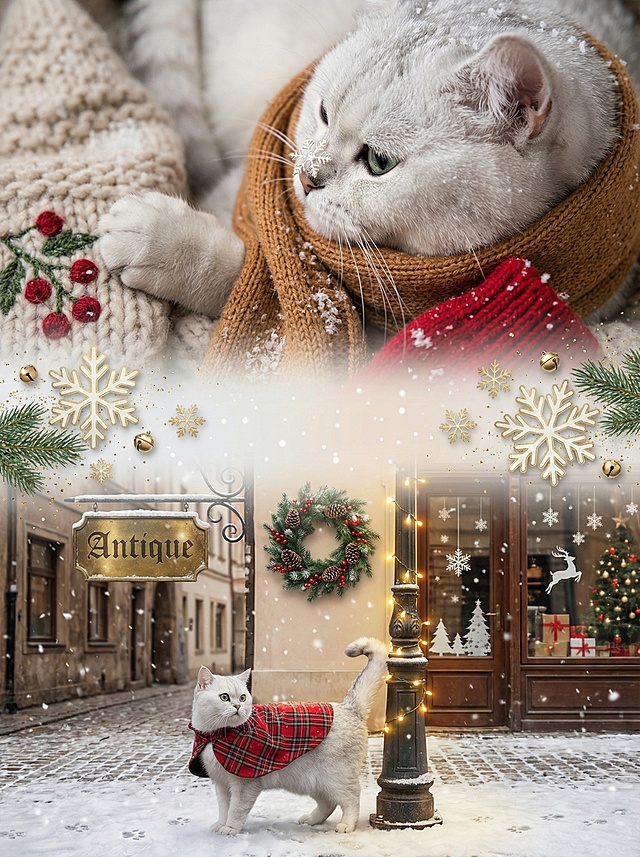 复古圣诞街景，拟人猫咪披红格围巾，暖光灯串与雪花点缀，拼贴风融合油画质感，营造温馨喜庆梦幻氛围。