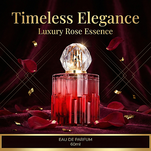 为这款60ml女士香水，生成7张宣传海报，含人像展示图，卖点集合图（卖点列表展示），场景使用图，香调图，调性图，不要白底图，图片尺寸比例1:1，高级调性，符合欧美审美，海报上的文案是英文，不能有中文，贴合产品卖点，卖点参考以下：
1. 客群卖点
精准匹配 25-35 岁「精致优雅气场派」都市女性 —— 偏爱轻奢华丽质感，既痴迷花香调的柔美氛围，又想要香调带点利落气场，拒绝平庸甜腻的风格。
2. 香味卖点
「清新转柔美的华丽层次香」：
前调黑加仑 + 葡萄柚：以清爽浆果果香开场，消弭传统花香调的甜腻感，开篇自带利落轻盈；
中调玫瑰 + 茉莉：叠出馥郁柔美的花香核心，是精致女性的标志性柔美感，不寡淡不张扬；
后调香草 + 柏木：用香草暖化柔香，柏木添利落木质调，让香调 “柔而不飘”，收尾自带优雅气场。
3. 外观卖点
「轻奢摆件级红晶香水瓶」：
红水晶切割瓶身 + 透明钻面瓶盖 + 金色细节，华丽又精致，摆在梳妆台既是香水瓶，也是颜值装饰摆件；
60ml 容量兼顾日常补香需求与收藏质感，补香时掏出自带轻奢精致感。
4. 调性卖点
「优雅带气场的柔美轻奢感」：没有廉价甜香的软塌感，是 “华丽红晶瓶裹着清柔花香” 的精致特质 —— 清新开场衬利落、柔美中调显优雅、暖质后调撑气场，适配女性多场合的气质切换。
5. 适用场景卖点
「多场合适配的精致气场香」：
职场通勤：清柔香调不扰人，华丽瓶身补香显质感；
约会 / 轻社交：柔美花香衬出优雅氛围；
晚宴 / 重要场合：红晶外观 + 层次香调，撑得起精致气场。