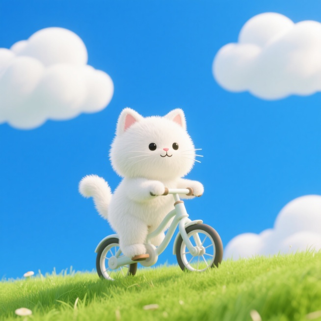 白色小猫骑自行车，背景是绿色的草蓝色的天空，白色的云朵预览效果