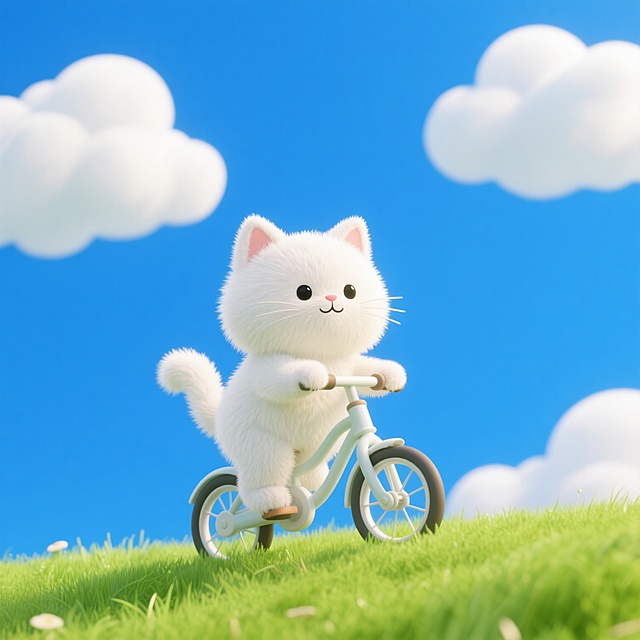 白色小猫骑自行车，背景是绿色的草蓝色的天空，白色的云朵