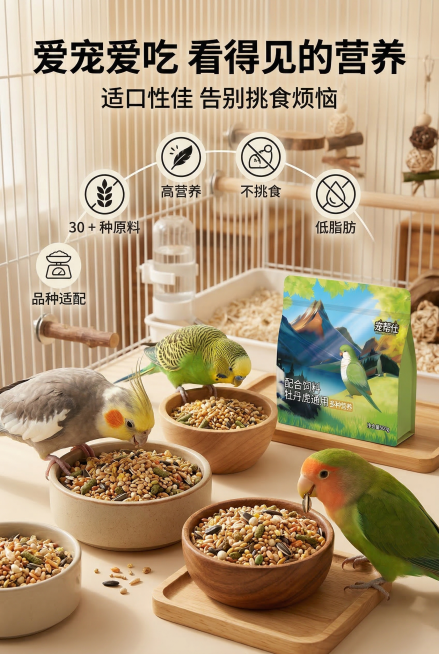 2:3竖版尺寸，严格还原上传的宠帮仕鹦鹉粮产品图，包括包装设计、颜色、LOGO位置、文字内容、图案元素等所有细节，产品与场景物体大小比例协调，避免突兀。主标题"爱宠爱吃 看得见的营养"，副标题"适口性预览效果