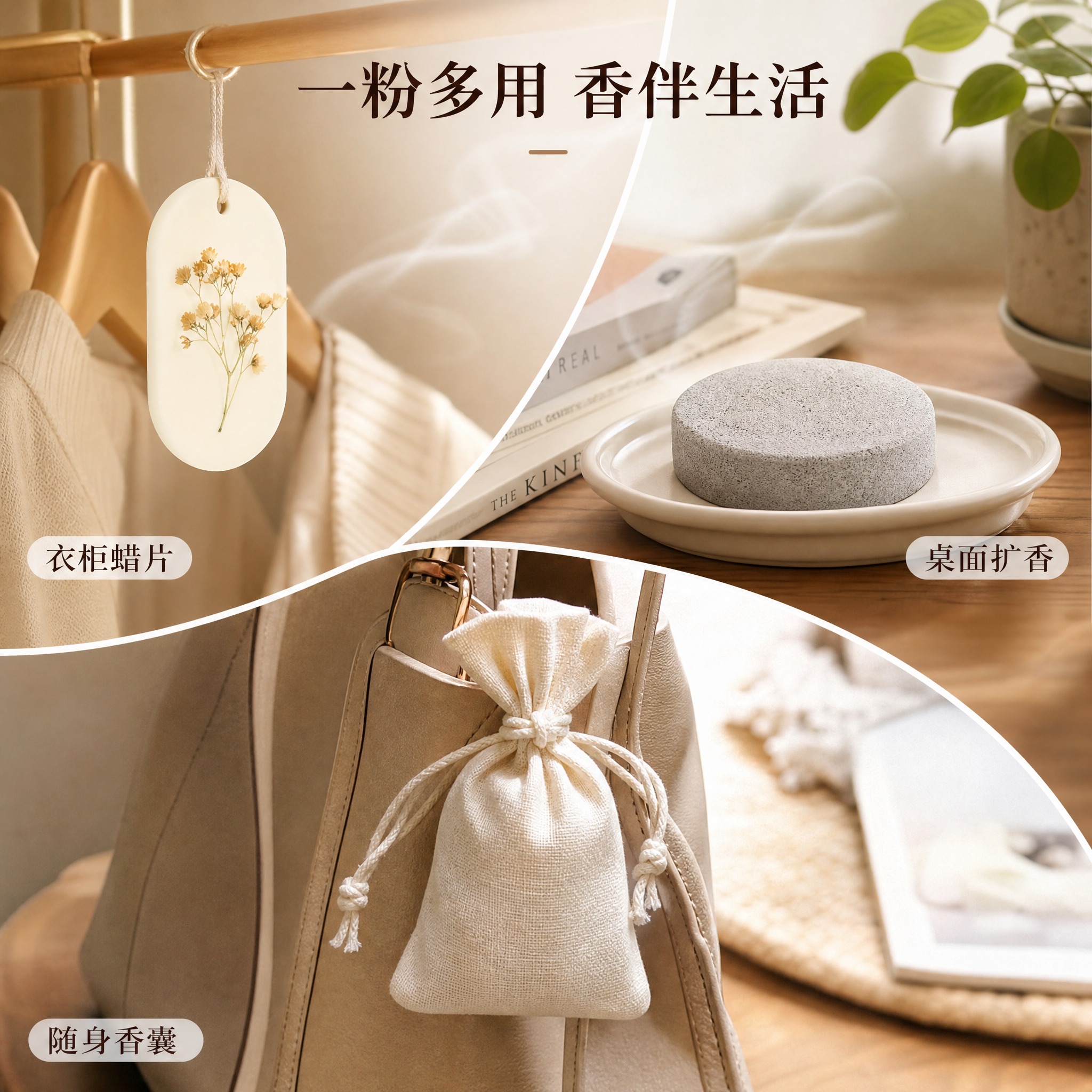DIY香薰专用香粉 电商主图第四张，成品使用场景展示。画面分为… - 图片创意预览
