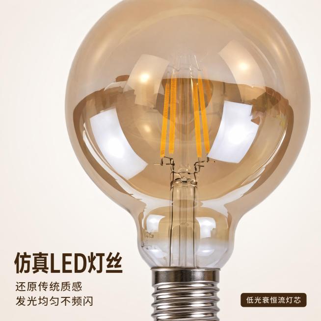 「图片1」，生成电商主图（5张），商品名称是茶色灯泡，卖点是琥珀茶色透光玻璃，复古灯丝 LED 光源，适配京东平台，主图比例为1:1（一）复古琥珀玻璃，氛围感拉满
高透琥珀茶色玻壳，柔光过滤刺眼白光，预览效果
