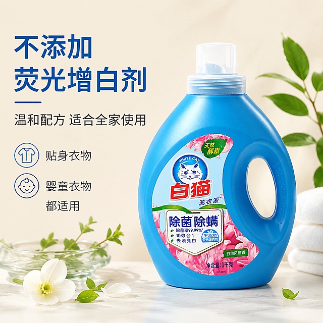 使用电商主图技能生成5张比例1:1的电商主图，适配平台为京东，商品为「图片1」，商品卖点为除菌除螨洗衣液1kg，不要出现其他产品辅助，不要出现第二件半件字眼，需看起来高端，需要一张带简绍的边框的主图，2张简绍图，2张详情图