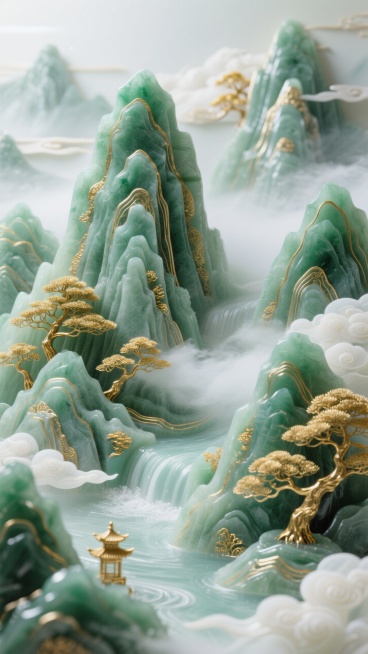 新中式玉雕山水艺术，以青绿色玉石质感塑造层峦叠嶂的山峰，表面用鎏金线条勾勒轮廓与纹理，点缀金色松树，搭配乳白半透明的云雾和水流，营造温润典雅、富有东方禅意的立体浮雕意境预览效果
