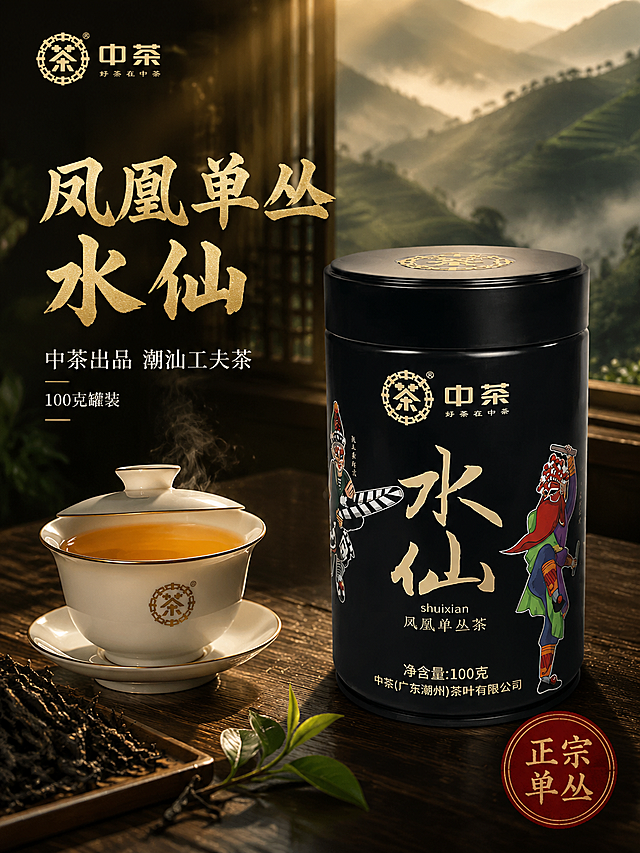 [主图-1 首图点击率] 中茶水仙凤凰单丛茶抖音主图，沉浸式国潮茶饮氛围感，突出中茶品牌与国潮包装。
[统一基调] 整体风格为沉浸式新中式国潮茶饮风，深墨绿与暖金为主色调，背景融入朦胧茶山雾气与暖光光晕，字体采用粗厚书法宋体配烫金质感，辅助文字用细黑体，整体高级有质感，暗调氛围感强。
[画面] 黑色中茶水仙茶罐位于画面右侧偏中位置，占画面约50%，罐体正面完整展示，国潮脸谱图案清晰，罐盖顶部茶字纹样可见。茶罐放置在深色原木茶桌上，桌面有细腻木纹。左侧前景摆放一只白瓷盖碗，碗中盛有金黄透亮的茶汤，茶汤表面有轻微热气升腾。旁边散落几片深褐色干茶叶和一小枝翠绿茶芽。背景是虚化的中式茶室场景，隐约可见木质窗棂和远处层叠的茶山剪影，山间有薄雾缭绕，暖黄色光线从侧上方洒下，形成光束效果。左上角放置中茶品牌标识。
[光影质感] 商业摄影质感，侧暖光为主光源，罐体黑色漆面有柔和高光反射，金属质感罐盖边缘有亮边，茶汤通透有反光，整体暗调亮主体，氛围感强，产品与场景自然融合无悬浮感。
[配色] 主色深墨绿+暖金色+黑色，点缀茶汤琥珀色，背景深暗渐变，主体明亮突出。
[文字版式] 左侧上方大书法字体主标题"凤凰单丛 水仙"，烫金质感带轻微浮雕。主标题下方细黑体副标题"中茶出品 潮汕工夫茶"，米白色。再下方小字"100克罐装"。右下角有圆形印章式"正宗单丛"红底金字。文字均放在左侧负空间，不遮挡产品主体。
[输出要求] 3:4竖版750*1000，文字清晰可读，产品完整清晰，罐体不变形，无错字，画面干净高级，禁止出现水印、平台Logo、二维码。