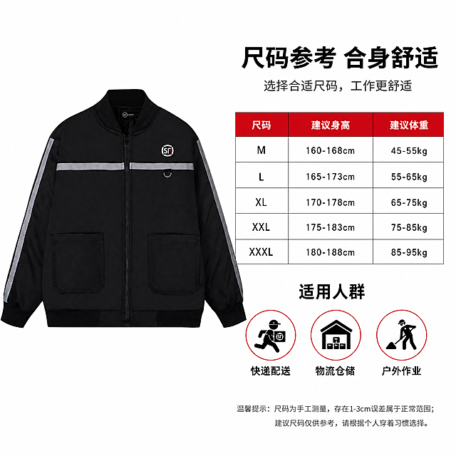 [主图-5] 补充说明图，主题为顺丰工作服尺码与适用人群说明。
[统一基调] 淘宝/天猫专业品质风格，整体干净利落，以白色为背景主色，标题字色为黑色，辅助字色为深灰色，强调色为顺丰红，字体为无衬线粗体，字号层级分明，不加厚重色块底板。
[画面] 产品为黑色顺丰工作服棉袄，外观与输入图完全一致。产品位于画面左侧，正面完整展示，占画面约50%，白色纯净背景。右侧为信息留白区，放置简洁的尺码推荐表和适用人群说明。尺码表包含M/L/XL/XXL/XXXL五个尺码，对应身高和体重推荐范围，表格线条简洁。下方配3个适用人群图标标签：快递员、物流工作、户外作业。
[光影质感] 商业摄影棚拍质感，服装主体光照均匀，有自然阴影，整体干净通透，信息区排版清晰易读。
[配色] 白色背景，黑色服装，顺丰红作为表格标题强调色，黑色主标题和表格文字，深灰色辅助说明。
[文字版式] 右侧顶部主标题"尺码参考 合身舒适"，下方为简洁尺码表格，表格下方排列3个圆形图标标签，分别标注"快递配送"、"物流仓储"、"户外作业"，文字清晰排版整齐。
[输出要求] 1:1正方形比例，2048*2048像素，文字清晰可读，表格规整，产品清晰完整无变形，无错字，无模糊，无杂乱元素，无水印，无平台Logo，无多余装饰。