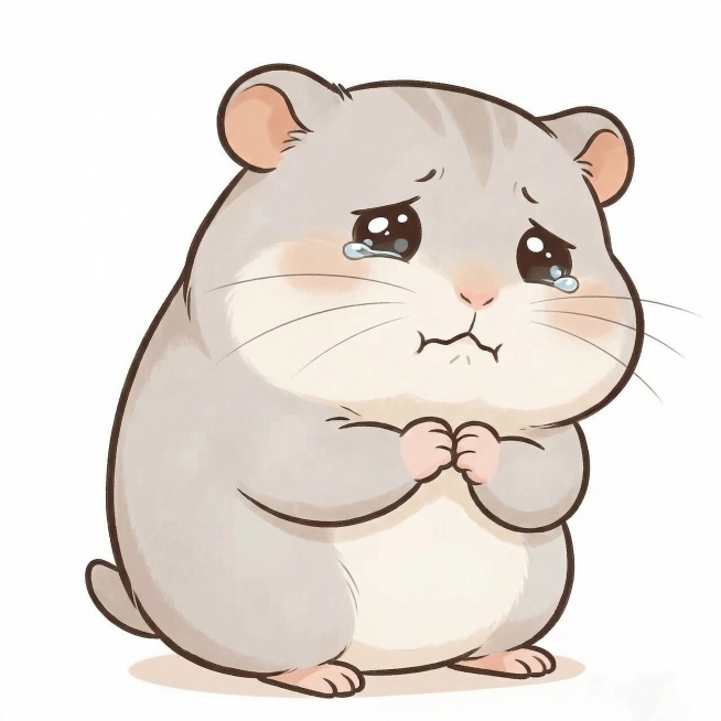 参考上传的仓鼠形象，绘制委屈表情的卡通仓鼠表情包，无任何文字标签，保持原可爱画风，白色背景预览效果