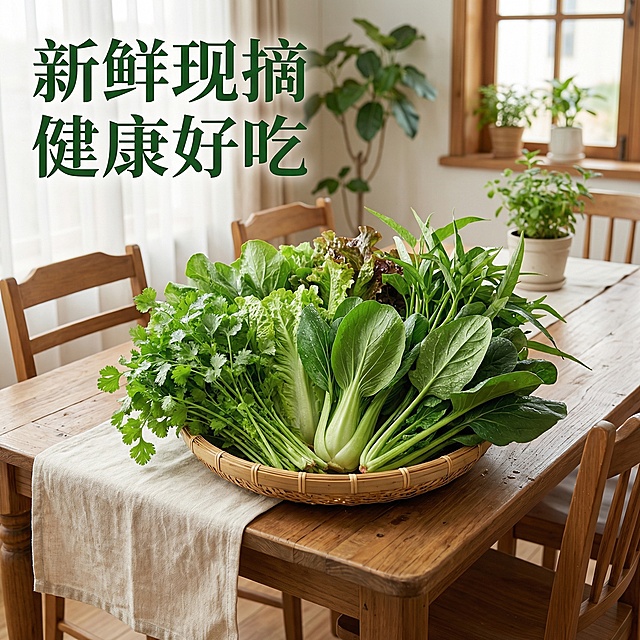 [主图7：水培成果展示] 图生图参考：用户原图，主图主题：收获满满成品展示，氛围风格：真实生活化，治愈氛围感，画面元素：餐桌上摆放着从阳台水培采收的新鲜多样青菜，一把刚剪下的香菜菠菜放在竹篮里，带着水珠，新鲜诱人，背景是温馨家庭餐厅，自然光线，背景铺满全屏，配色色系：新鲜翠绿为主，原木餐桌色搭配米白色桌布，文字版式：主标题“新鲜现摘 健康好吃”，文字悬浮在画面左上角，深绿色字体，不遮挡青菜主体。