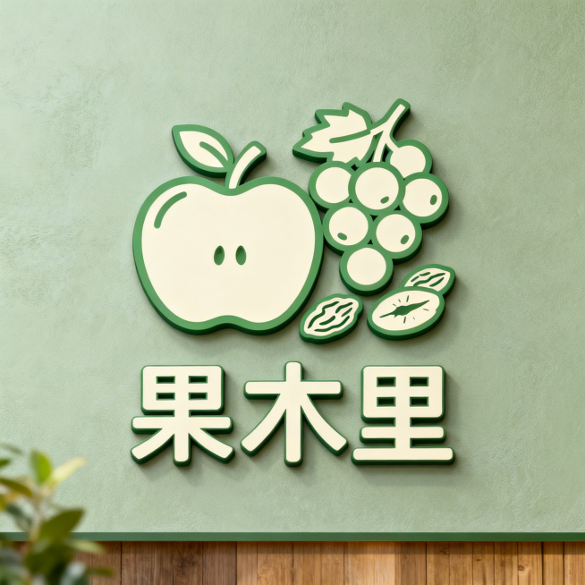 水果店logo设计，店面名为“果木里”，logo包含水果和果干元素，设计风格简约自然，整体干净醒目适合店面招牌，包含完整文字“果木里”预览效果