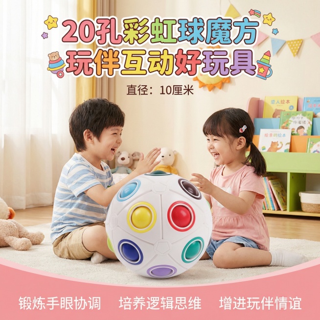 保留原球色，直径是10厘米，更换背景为儿童房，两个小朋友在玩彩虹球魔方，注意球和人物的比例预览效果