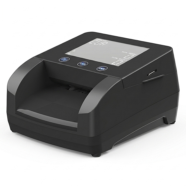 [Main image 1] ST-V70 Multi-currency Detector pure white background main product image. Clean professional business style, industrial product photography. Commercial photography texture, soft and even light, clear product details, high definition, clean and advanced picture. The black ST-V70 currency detector is placed in the center of the picture, accounting for about 85% of the picture. It maintains the same physical structure, material texture, color and size as the input product picture, and any deformation and color difference are eliminated. The product is placed at a 45-degree inclined angle, which fully shows the overall outline, screen and card inlet. Pure white background, no extra elements. Soft top main light, slightly brighter auxiliary light on the side, natural projection at the bottom, clear outline, highlighting the three-dimensional sense of the body. Pure white background, main color of the product is matte black, auxiliary color is gray decorative edge, high contrast, clean and concise. 45-degree oblique perspective, the product is centered, close-up, the outline is complete without cutting. No additional text, only the product itself, the text on the product screen and buttons remains clear and unchanged. 1:1 proportion, 2048px resolution, ultra high definition. Negative prompt: Deformation, watermark, text disorder, blurred product image, messy background.