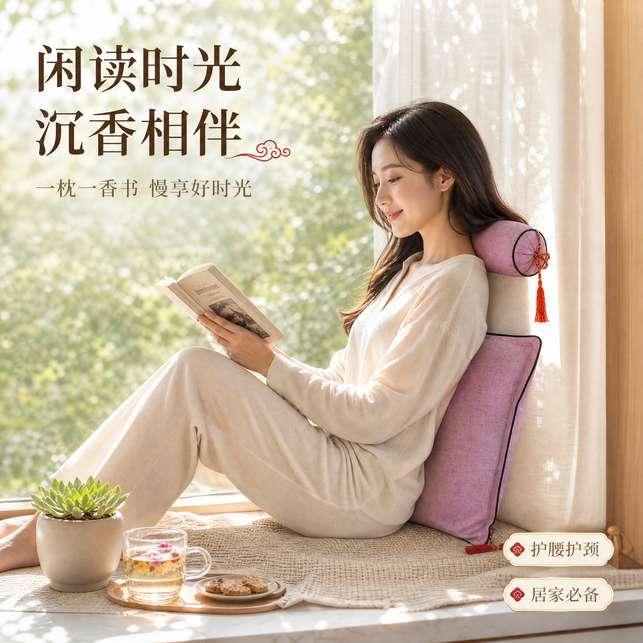 [场景人物-飘窗休闲阅读使用] 沉香勾丝料枕头飘窗休闲阅读场景… - 图片创意预览