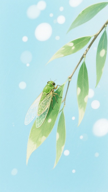 清新水彩风格插画，画面以柔和的浅蓝色为背景，点缀着大小不一、朦胧的白色光斑营造梦幻氛围。一株翠绿的柳枝从右上角延伸至画面中央，细长的柳叶呈现半透明质感，边缘泛着淡淡的光晕。一只蝉停栖在其中一片柳叶上，蝉身呈嫩绿色，翅膀轻薄透明带有细密纹路，头部微微抬起，姿态自然。整体色调清新明快，光影柔和，笔触细腻，充满夏日清晨的宁静与生机，画面构图简洁，视觉焦点集中在蝉与柳叶的互动上，传递出自然和谐的意境。预览效果