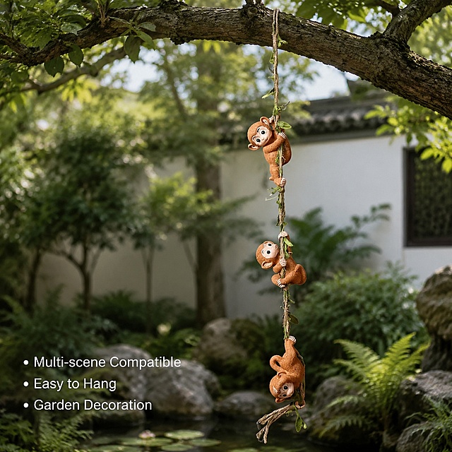 [Main Image 2] Climbing monkey ornament hanging in Chinese Zen courtyard, on a big tree branch. Natural soft afternoon sunlight, tranquil atmosphere. Show the real usage effect. Keep the product appearance and structure 100% consistent with the original image. Product placed naturally, clear details, background is natural green courtyard. Three English short卖点: "Multi-scene Compatible", "Easy to Hang", "Garden Decoration", placed in the lower left negative space, light font, white text, clear and readable. 1:1 square, commercial photography, super high definition. Negative prompt: distortion, text disorder, blurry product, messy background, watermark, platform logo