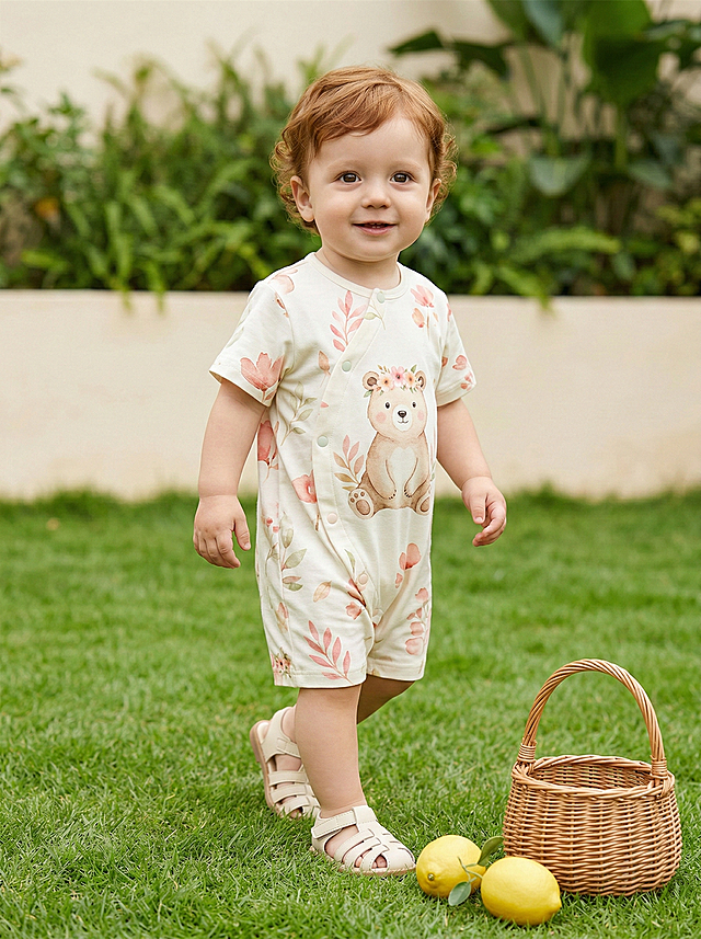 水彩风插画熊与花卉图案，轻拟物设计，清新可爱，简约温馨，夏日户外童趣场景。