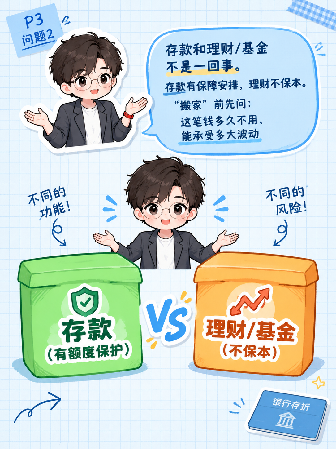 小红书笔记内页插图，P3 问题2：存款搬家去哪，手账拼贴科普风… - 图片创意预览