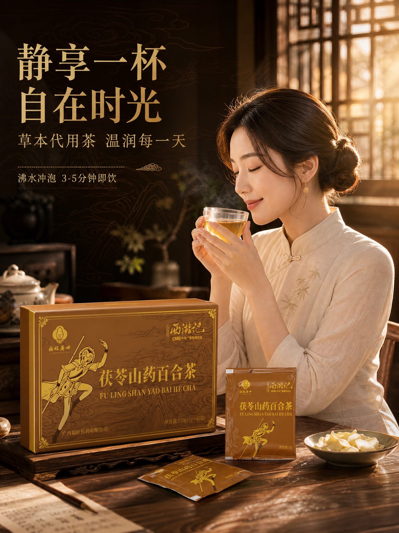 [商品] 使用本轮茯苓山药百合茶产品图；保留礼盒与独立茶包深棕… - 图片创意预览