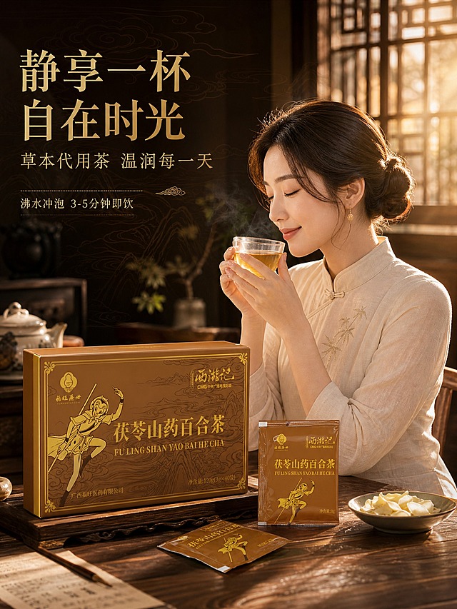 [商品] 使用本轮茯苓山药百合茶产品图；保留礼盒与独立茶包深棕金色外观、孙悟空线描图案、品名文字；产品放在人物旁桌面，包装清晰可见。
[画面] 第5张 模特展示页，目标传递温润生活方式与品饮氛围；模特生活方式型构图，一位30岁左右气质温婉的亚洲女性，侧身坐在中式茶桌旁，双手捧起玻璃茶杯凑近鼻前轻嗅茶香，闭眼面带微笑享受状；桌上摆放茯苓山药百合茶礼盒、一袋拆开的茶包、一小碟百合干；背景为中式茶室暖光，窗格光影洒落，有淡淡茶香氤氲感；人物占画面约45%，产品占画面约30%，产品与人物自然互动；人物穿着素雅米色中式上衣，妆容清淡。
[视觉] 套系策略：风格=深棕暗金国风祥云商业摄影；标题字=厚重宋体国风书法感；正文字=细宋体；主色=深棕赭石；背景延展=基于深棕做深浅渐变、同色系祥云纹样、远山线条与木质纹理延展；强调色=暗金色，仅用于小面积标题、图标、引线、标签和装饰线条；标题色=暗金色；正文色=米金色；组件=金色细线、祥云角标；光影=右侧窗格暖逆光，人物发丝有金边，茶杯通透有高光，整体暖调治愈。
[文字] 左上主标题"静享一杯 自在时光"，副标题"草本代用茶 温润每一天"；下方小字"沸水冲泡 3-5分钟即饮"；文字横排，放在左上负空间，不遮挡人物面部与产品主体；无医疗功效描述。
[规格] 图片比例3:4竖版，2K，避免变形、错字、文字过小、手部畸形、面部扭曲、医疗功效词、人物过度修图；负向：手指畸形、面部变形、冷蓝背景、医疗化表达。