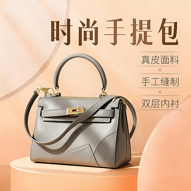 简约主义与双色设计风融合，灰色真皮搭配鎏金金属扣，光影感柔和，呈现优雅奢华的现代商务时尚。