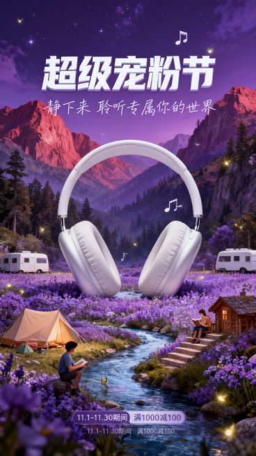 一个巨大的图中主体漂浮在紫色花海与溪流环绕的奇幻山谷中，周围有露营帐篷、房车、小木屋和人物在休闲娱乐，有人在钓鱼、阅读、坐在阶梯上听音乐，空中飘着音符和萤火虫，背景是紫红色山脉与森林，夜空下静谧而浪漫预览效果