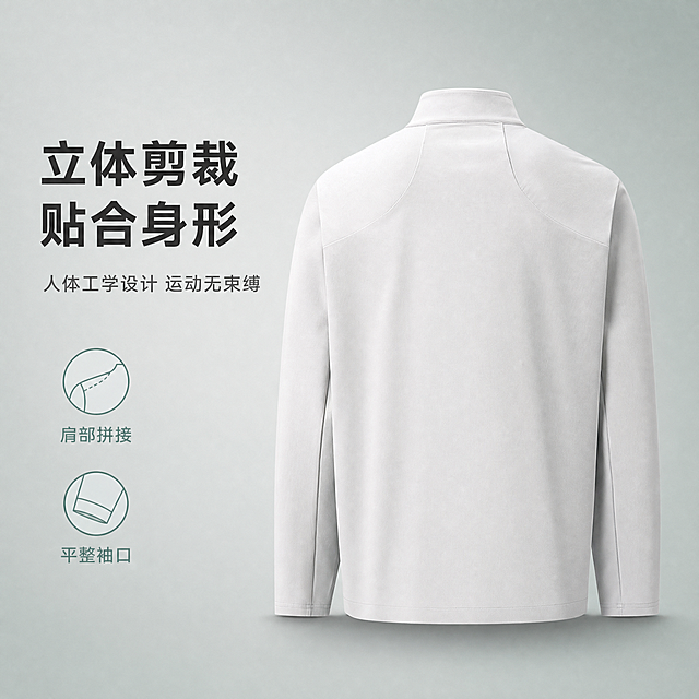 [主图-2] 男款运动上衣 背面展示版型与剪裁。
[统一基调] 高级户外编辑风 简洁稳重品质感 浅灰冷绿配色 京东平台风格 文字占比小于30% 一图一重点。
[画面] 男款浅灰白色立领拉链运动上衣背面完整展示 位于画面中央偏右 占画面约65% 展示背部整体版型 后领立领设计 肩部有拼接缝线细节 背部面料平整 长袖背面展示 袖口平整 衣服背面无logo 体现人体工学剪裁 背部线条流畅 背景为浅灰渐变到冷绿的高级纯色背景 比首图背景稍深一点 左侧留负空间排版文字 衣服下方有自然柔和的接触阴影。
[光影质感] 商业摄影质感 主光从右后方照射 左侧有柔和补光 背部面料有细腻哑光质感 肩部拼接处有自然阴影 体现背部立体剪裁和版型优势 面料纹理清晰可见。
[配色] 主背景中灰渐变冷绿 标题字深灰近黑 辅助字中灰 强调色冷绿色 与首图色调统一。
[文字版式] 左侧负空间排版 大主标题在上 字体为无衬线粗体 深灰色 写"立体剪裁 贴合身形" 下方小副标题 字体为无衬线常规体 中灰色 写"人体工学设计 运动无束缚" 再下方两个小图标加短文案 分别是"肩部拼接"和"平整袖口" 图标为简约线性风格 冷绿色 所有文字横排 清晰可读 不遮挡衣服主体。
[输出要求] 比例1:1 文字清晰 产品清晰完整 不变形 不错字 不模糊 不杂乱 无水印 无平台logo 无多余元素
