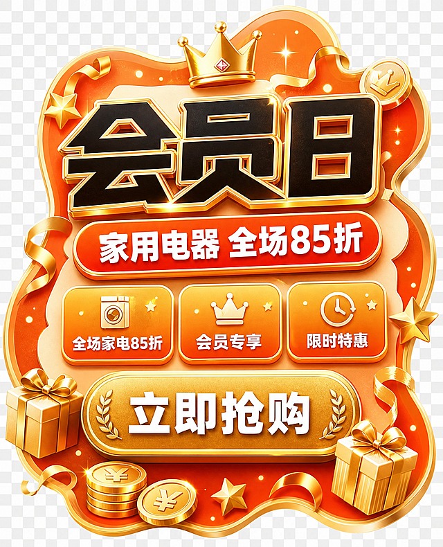 会员日促销弹窗设计，异形不规则轮廓，整体呈圆润的不规则有机形状，边缘带波浪起伏和装饰性凸起，透明背景（PNG透明底）。暖橙金配色，主色暖橙色，辅色金色和米白，营造会员专属尊贵感。画面顶部居中是超大号主标题"会员日"，粗黑体带金色描边和立体字效，视觉冲击力强。主标题下方是副标题"家用电器 全场85折"，白色字体配橙色底胶囊标签。中部区域有3个卖点标签横向排列："全场家电85折"、"会员专享"、"限时特惠"，每个标签为圆角矩形，橙金渐变底色配白色文字。底部有一个醒目的金色圆角按钮，按钮内写"立即抢购"白色粗体字。周围装饰有3D金色礼盒、金币、彩带、星星闪光等促销元素，分布在异形轮廓的边缘和角落。画面中所有数字必须精确渲染，"85折"数字清晰准确。版式精美，层次分明，会员专属尊贵氛围浓厚，整体为异形弹窗形态，四周透明无背景。画面中所有信息区域必须填充完整合理的内容，不得出现空白框或待填写区域。