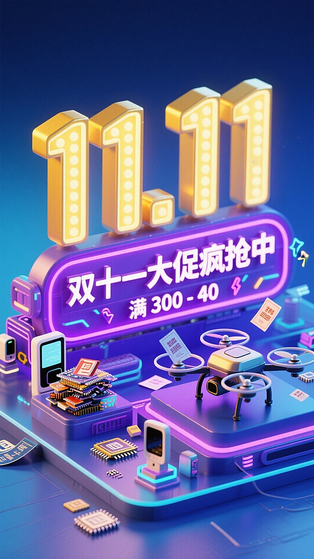 画面中有巨大的金黄色发光立体 “11.11” 艺术字体，环绕着带有 “双 11 狂欢盛典” 的紫色霓虹灯带。旁边是堆满数码产品、优惠券的无人机，周围散布着芯片、电光特效和科技感图标等元素，深蓝渐变背景，科技促销氛围。主标题是双十一大促疯抢中，副标题是满300-40