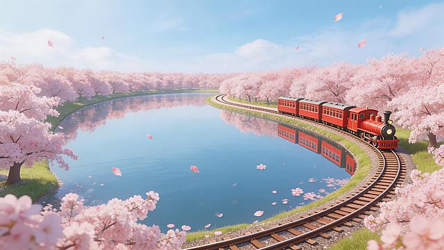 春日赏樱主视觉插画，半俯视视角，椭圆形湖泊，一列红色复古小火车沿湖行驶，环湖樱花盛开，花瓣飘落，湖面倒映樱花与火车，整体色调粉嫩明亮，活泼治愈，日系清新风格，细节丰富，横版构图