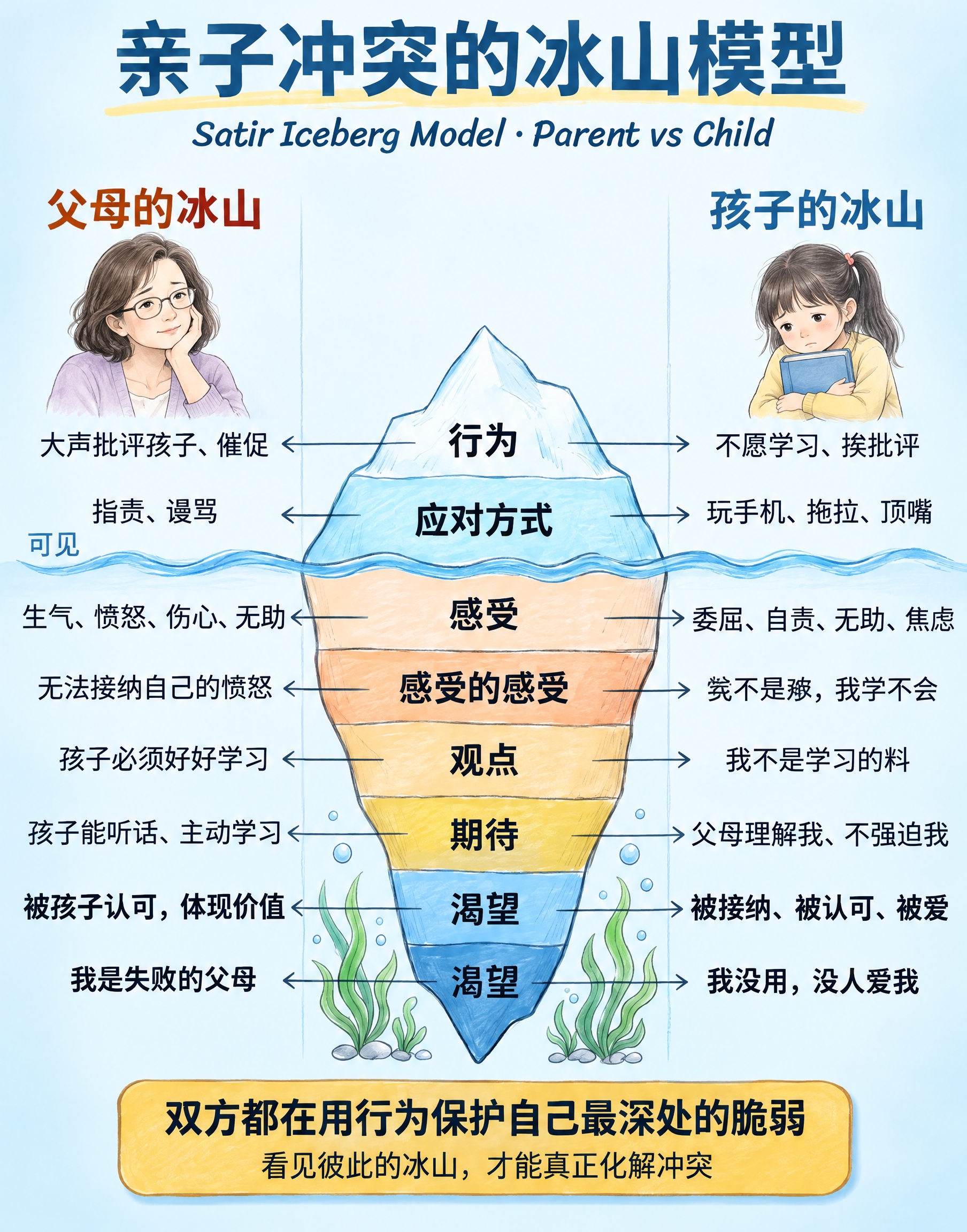 基于参考图重新生成亲子冲突冰山模型信息图，保留所有文字内容和冰… - 图片创意预览
