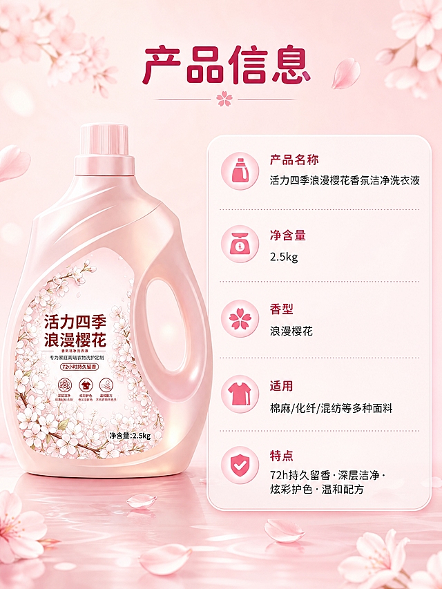 [商品] 使用【图1】活力四季浪漫樱花香氛洁净洗衣液，2.5kg粉色瓶装；保留瓶身结构、粉色材质、标签文字及樱花图案，商品原貌不变。
[画面] 页面目标：产品规格信息，展示基础参数与使用说明。构图：左物右卡型，左侧产品标准展示占画面约45%，右侧圆角信息卡展示参数。景别：产品全景+信息卡。信息载体：参数信息卡，分栏列出产品信息。背景：浅粉色渐变底，底部点缀樱花花瓣，简洁干净不抢信息。
[视觉] 套系策略：风格=国内电商高氛围感商业摄影风，浪漫柔美樱花主题；标题字=圆润黑体粗体；正文字=简洁无衬线黑体；主色=樱花粉（浅粉-中粉渐变）；背景延展=基于樱花粉做深浅层级、同色渐变和细腻花瓣/柔光质感；强调色=樱花红，仅用于小面积图标、引线和标签；标题色=深玫粉；正文色=暖粉灰；组件=圆角浅粉信息卡、细线引线、樱花花瓣装饰；光影=左前侧暖柔光，右侧轮廓光，整体明亮通透。
[文字] 顶部主标题「产品信息」，信息卡内容：产品名称「活力四季浪漫樱花香氛洁净洗衣液」、净含量「2.5kg」、香型「浪漫樱花」、适用「棉麻/化纤/混纺等多种面料」、特点「72h持久留香·深层洁净·炫彩护色·温和配方」，全部横向排版，字号保证手机端清晰可读。
[规格] 图片比例3:4竖版，4K分辨率，负向提示：避免变形、错字、文字过小、冷蓝背景、瓶身颜色改变、标签错乱、参数虚构、绝对化用语。