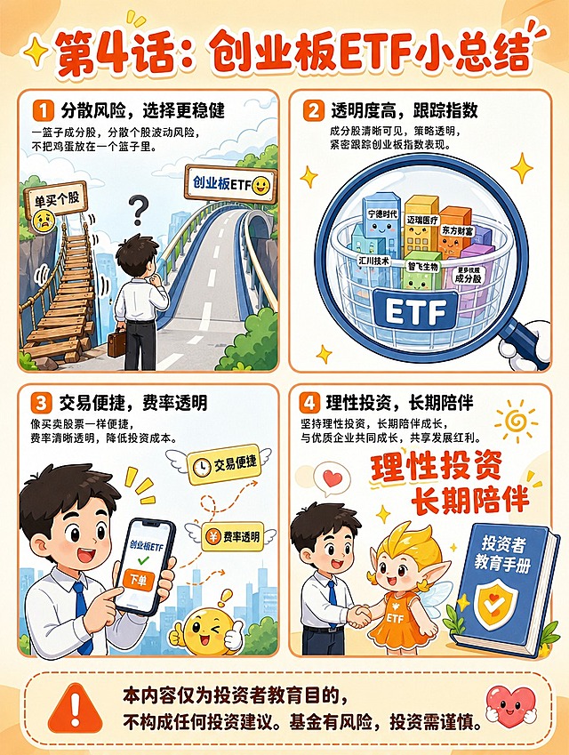 [商品] 无实物商品，为创业板ETF投资者教育内容，主题为趣味四宫格漫画第4张：为什么关注创业板ETF？
[画面] 竖版长图文，四宫格漫画布局（2行2列共4格）。第1格：上班族站在一个分叉路口，左边是"单买个股"的独木桥（摇摇晃晃），右边是"创业板ETF"的宽阔大桥（平稳安全）；第2格：一个放大镜照着ETF的透明篮子，里面的成分股清晰可见，标注"透明度高 跟踪指数"；第3格：上班族拿着手机轻松下单，旁边有"交易便捷 费率透明"的小标签飞出来；第4格：卡通小精灵和上班族握手，旁边出现一本"投资者教育手册"，上方有大大的"理性投资 长期陪伴"字样。收尾温暖，强调教育意义。
[视觉] 套系策略：风格=趣味扁平卡通漫画风；标题字=圆润可爱粗体卡通字；正文字=简洁圆润无衬线体；主色=活力橙+科技蓝；背景延展=浅米黄色渐变底，搭配浅橙色几何装饰块；强调色=亮黄色，仅用于小面积高亮气泡、重点标注和图标；标题色=深橙红色；正文色=深炭灰；组件=圆角白色对话气泡、虚线引线、卡通表情贴纸；光影=平涂卡通光影，无复杂阴影。
[文字] 顶部大标题"第4话：创业板ETF小总结"，每格配1个核心优势点+简短说明，文字横排。底部有较大的风险提示框："本内容仅为投资者教育目的，不构成任何投资建议。基金有风险，投资需谨慎。"。
[规格] 图片比例3:4竖版，4K分辨率，避免变形、错字、文字过小、复杂写实风格、冷暗色调、诱导性语言、保本收益承诺。
