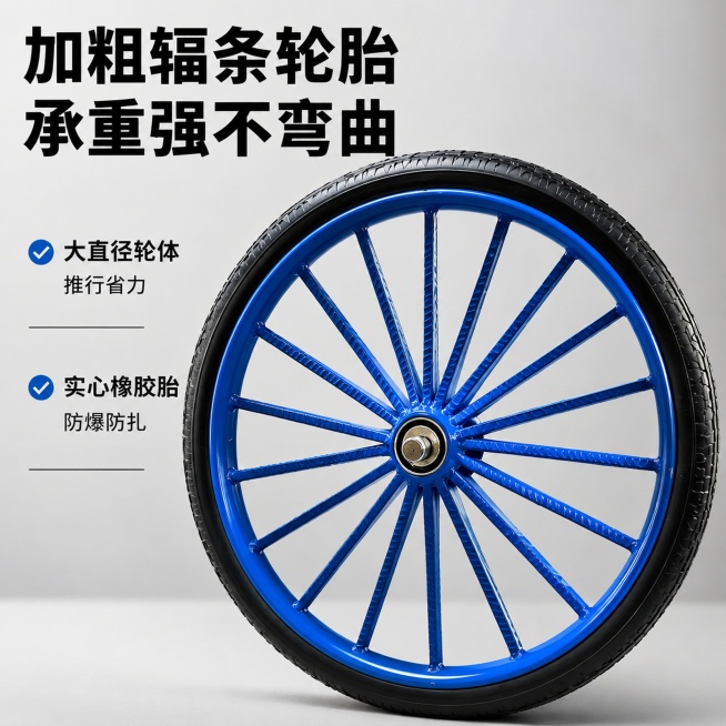 [主图4] 加粗辐条加固车轮卖点特写
[氛围风格] 细节特写，突出承重优势
[画质] 商业摄影质感、光线柔和通透、产品清晰真实、画面干净高级
[元素] 手推车车轮单独放大展示，展示多根加粗金属辐条轮毂预览效果
