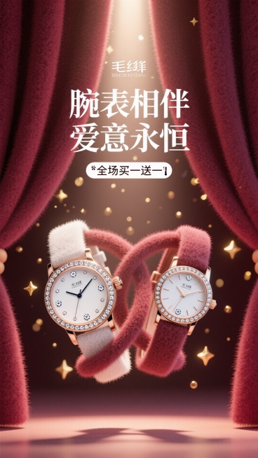 海报采用深邃的勃艮第酒红色背景，犹如天鹅绒幕布。画面中央，一道光束打下，聚焦于一对优雅交叉的男女款奢华腕表。表盘上的钻石与金属细节在光线下熠熠生辉，仿佛悬浮于璀璨星河之中。背景中若隐若现的金色光斑，如预览效果