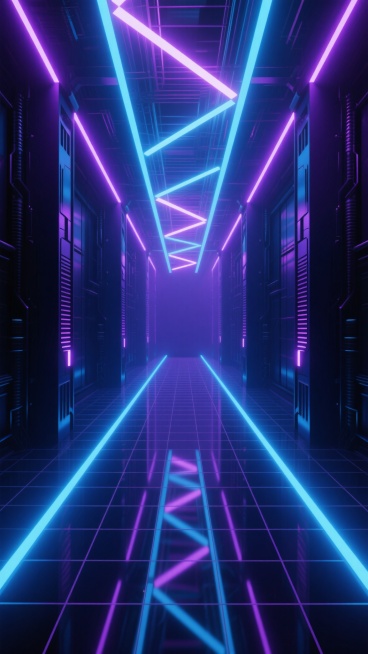 赛博朋克风格电竞背景，深邃幽暗的未来科技走廊，地面由发光网格线条构成，中央及两侧延伸出明亮的蓝紫色霓虹光带，两侧矗立着垂直排列的深色金属结构，顶部悬挂交错的几何形霓虹灯管，整体呈现强烈的纵深感和对称构图，光线在光滑地面形成清晰倒影，营造出炫酷、科技感十足、充满能量的电竞氛围，色彩以深蓝、紫色为主色调，霓虹灯光带来高对比度光影效果，空间感开阔，细节丰富，适合作为电竞主题的视觉背景。预览效果