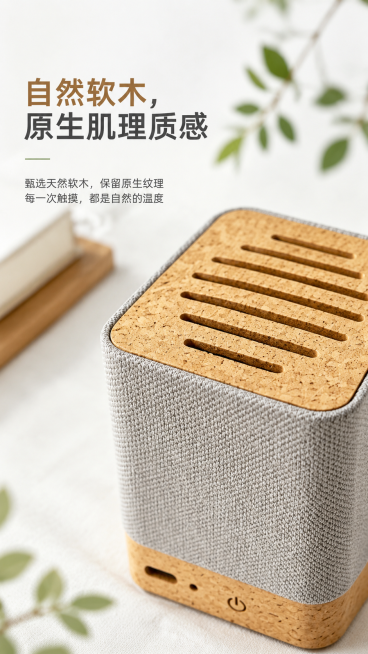 软木布艺方形蓝牙音箱卖点特写图，极简森系实用风，主色调白、浅灰、原木色，搭配低饱和绿植点缀，特写展示顶部软木纹理，搭配文字"自然软木，原生肌理质感"，整体干净清爽，排版清晰，适配9:16竖版电商展示预览效果